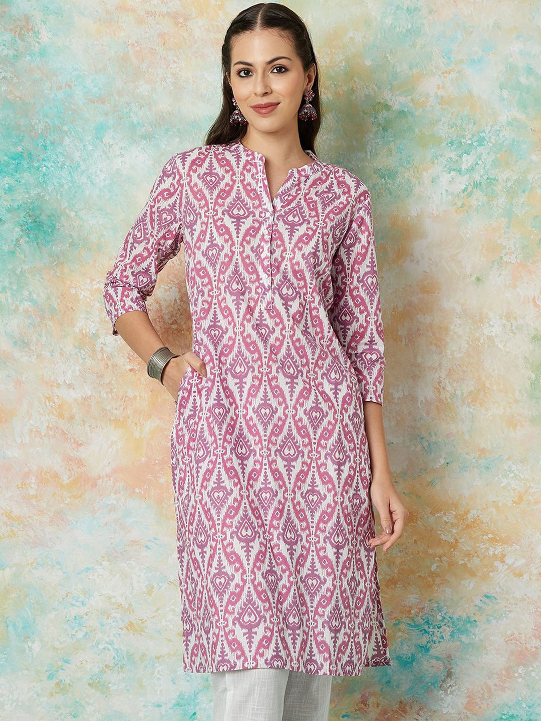 

Melange by Lifestyle Women Ethnic Motifs Printed Mandarin Collar Kurta, Pink