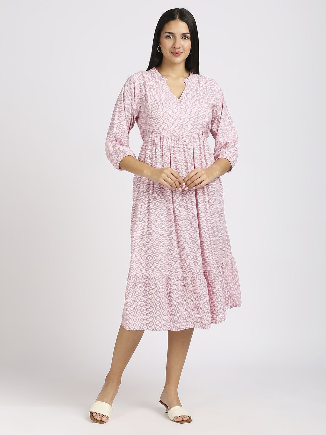 

MeeMee Women Ethnic Motifs Print Applique Maternity Fit & Flare Midi Dress, Pink