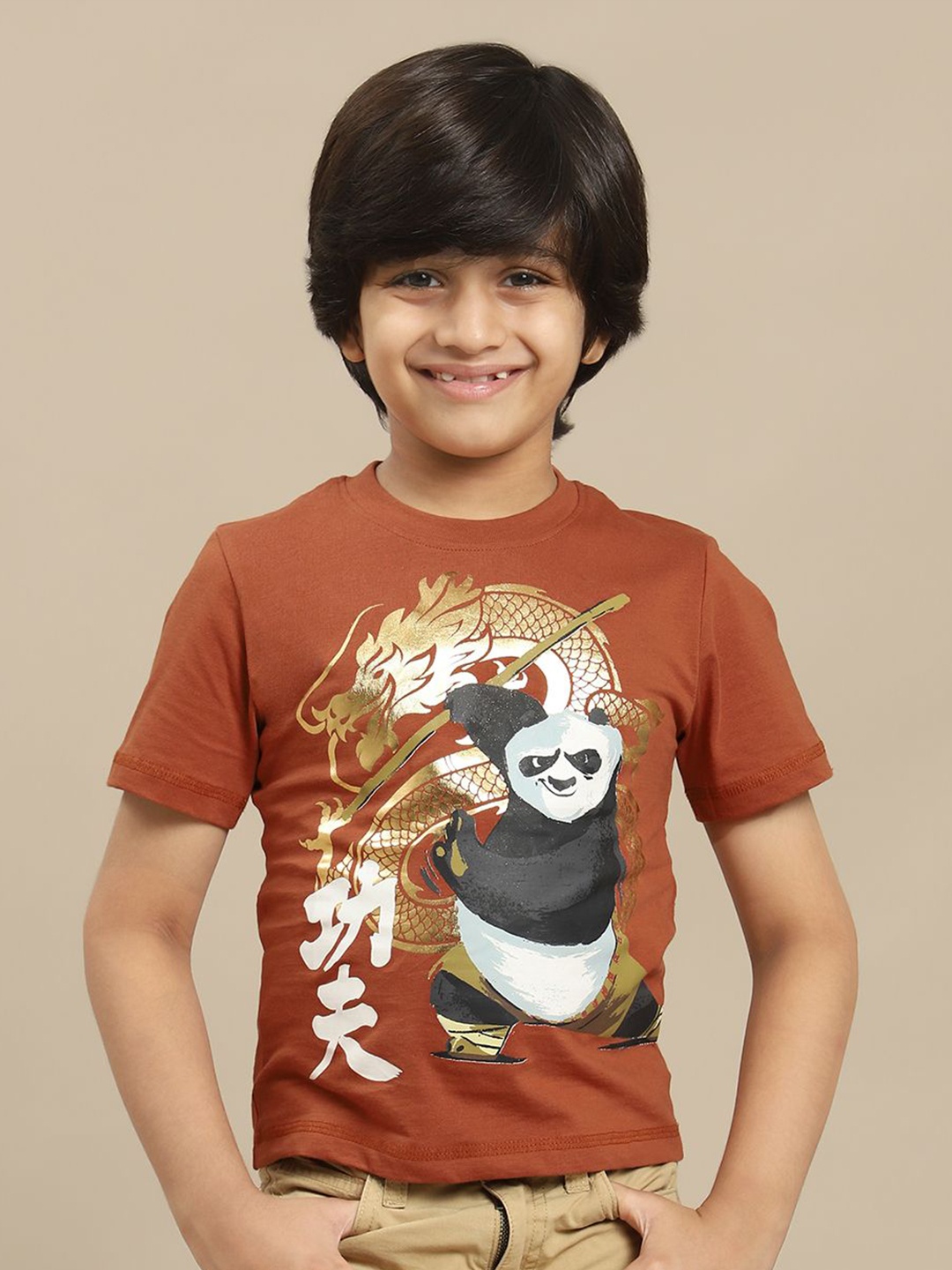 

Kids Ville Boys Kung Fu Panda Graphic Printed Pure Cotton Tshirt, Brown