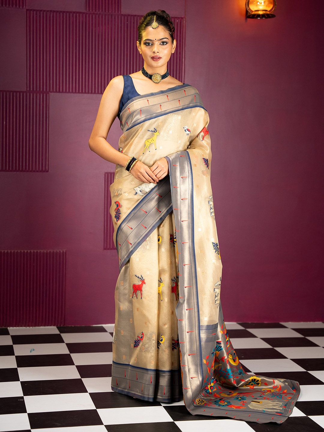 

MIMOSA Woven Design Zari Banarasi Saree, Navy blue