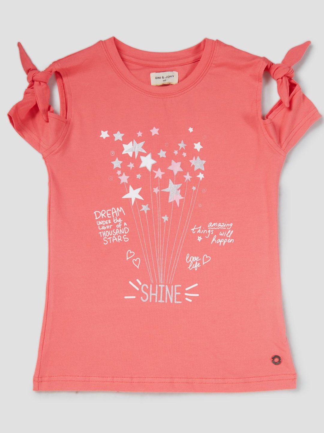 

Gini and Jony Girls Graphic Printed Round Neck Cotton Top, Coral