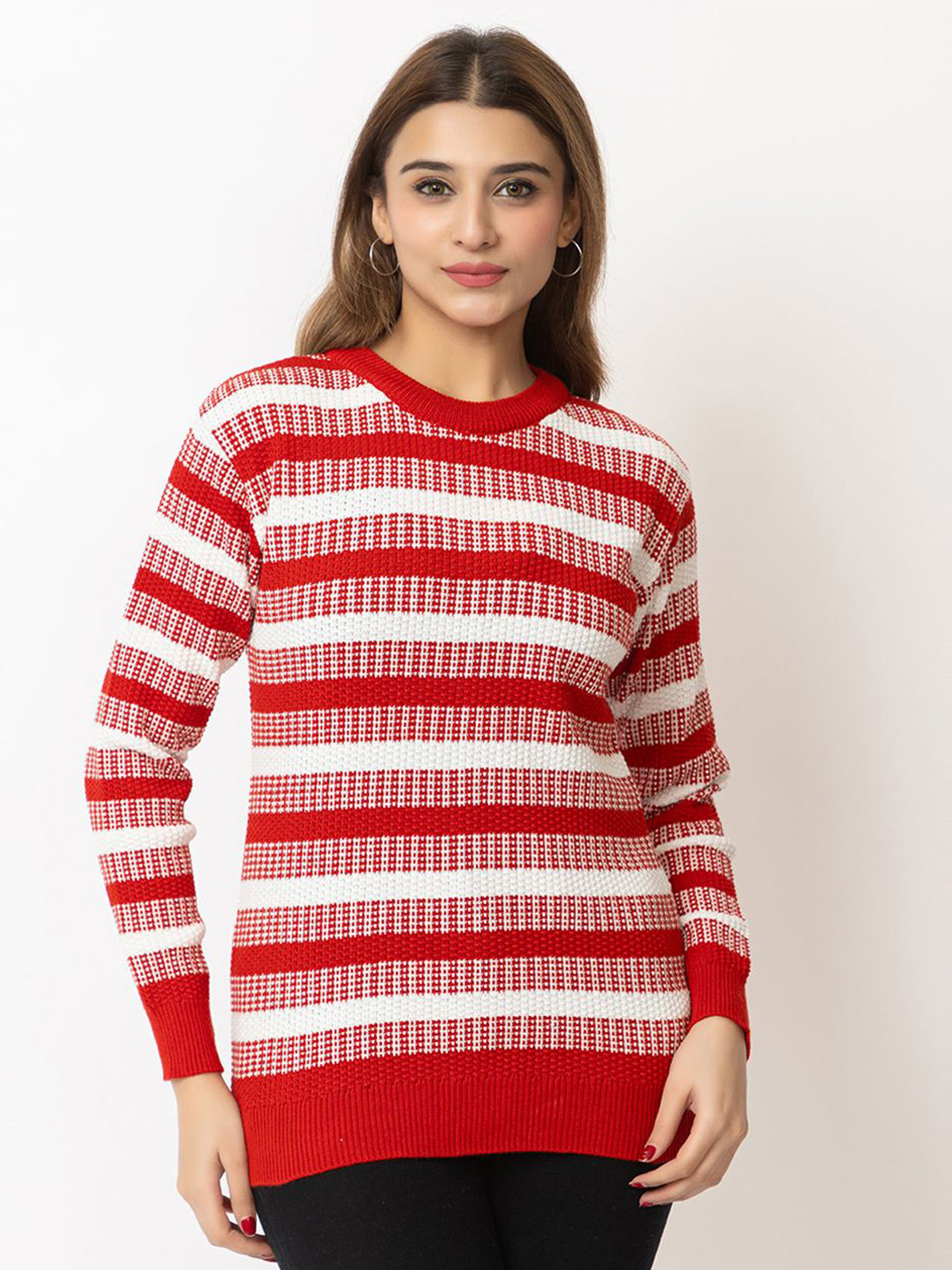 

LEZA Women Striped Pullover with Embroidered Detail, Red