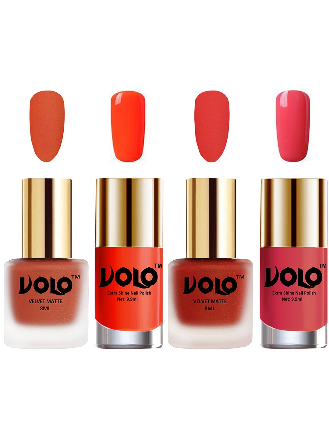 

VOLO Set Of 4 Velvet Matte & Extra Shine Nail Polish - 8 ml Each - 30 - 44 - 14 - 56, Coral