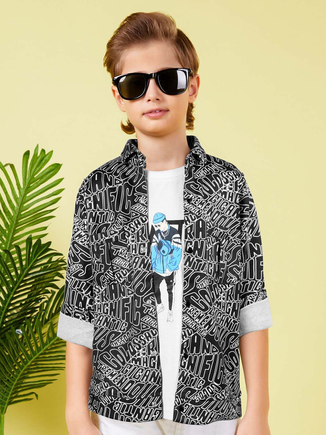 

MashUp Boys Classic Spread Collar Typography Printed Cotton Casual Shirt, Black