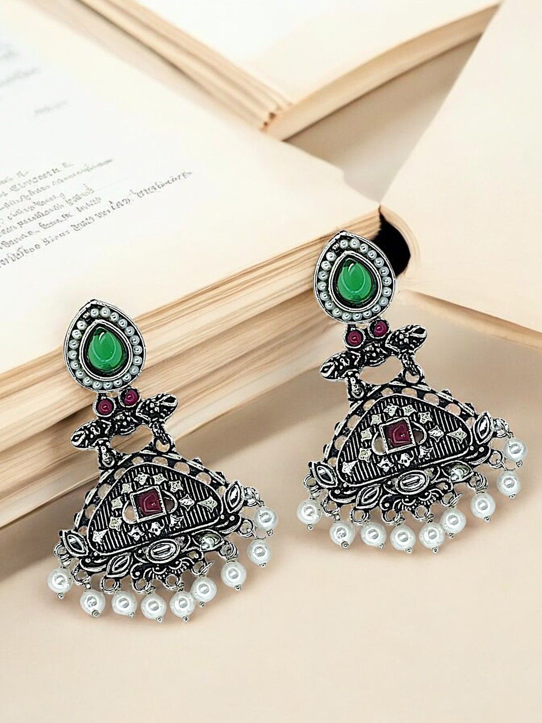 

9blings Silver Plated Artificial Stones & Beads Studded Contemporary Drop Earrings