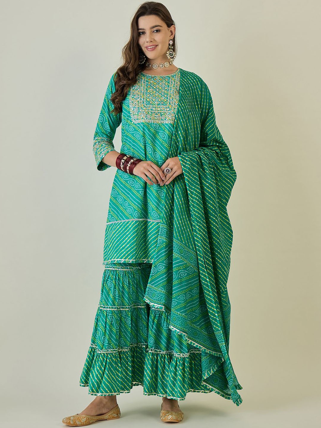 

Anouk Women Bandhani Embroidered Regular Pure Cotton Kurti with Sharara & With Dupatta, Green