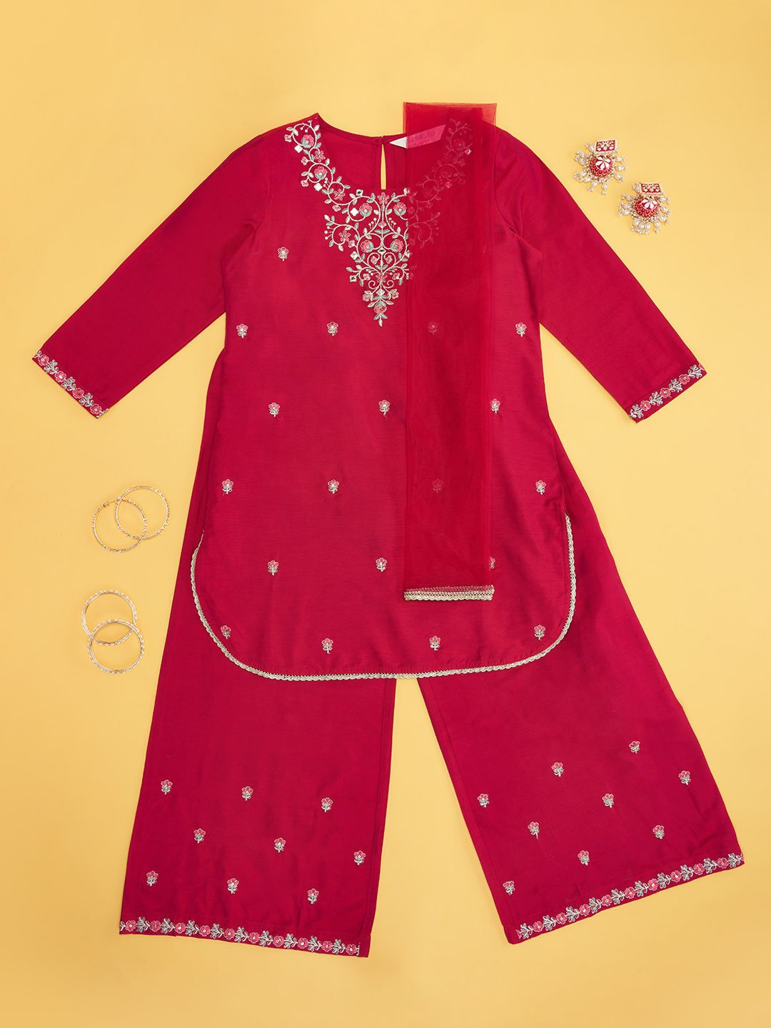 

AKKRITI BY PANTALOONS Girls Embroidered Kurta with Palazzos & With Dupatta, Pink