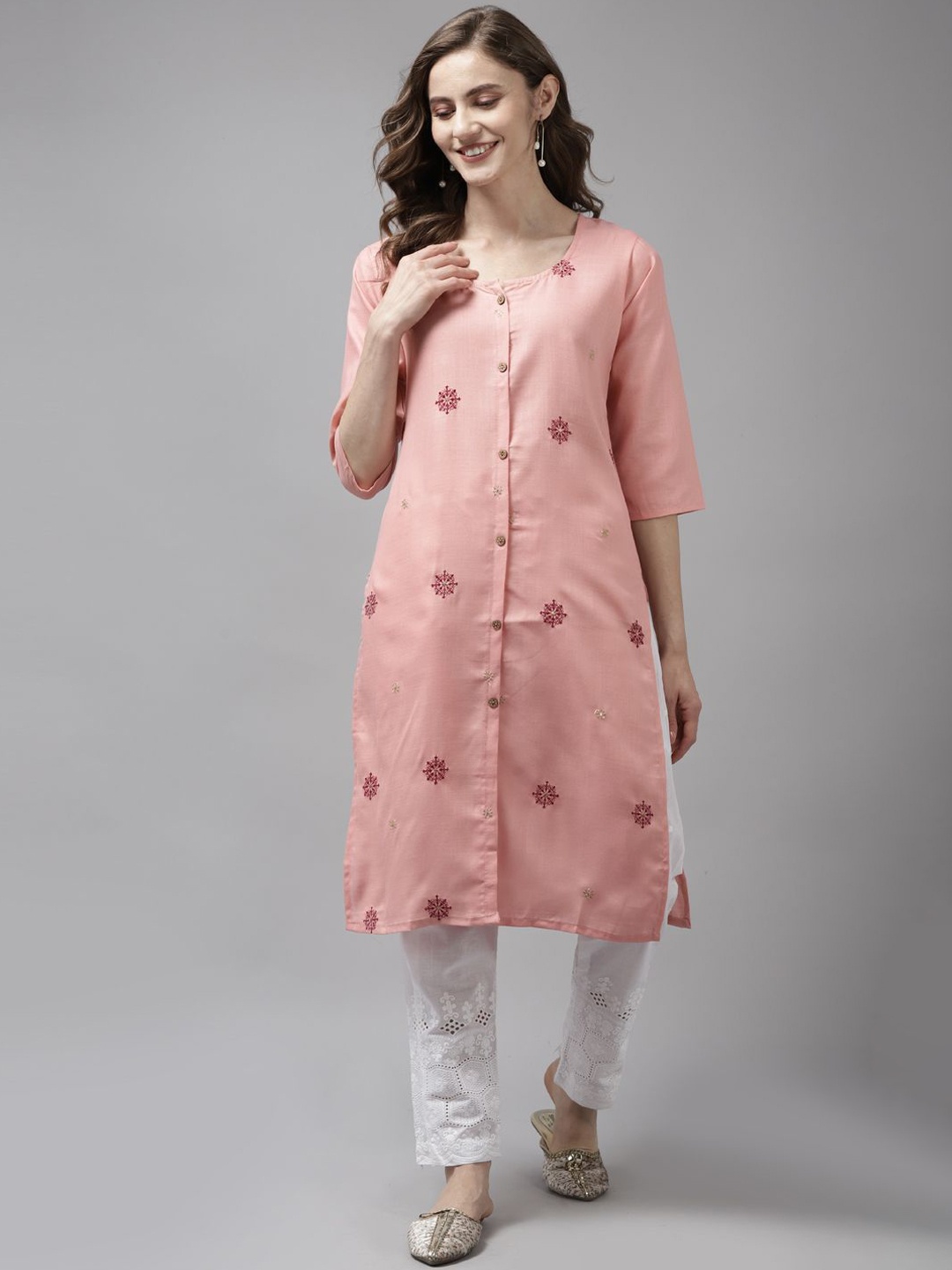 

BAESD Women Floral Cotton Embroidered Thread Work Regular Sleeves Kurta, Pink