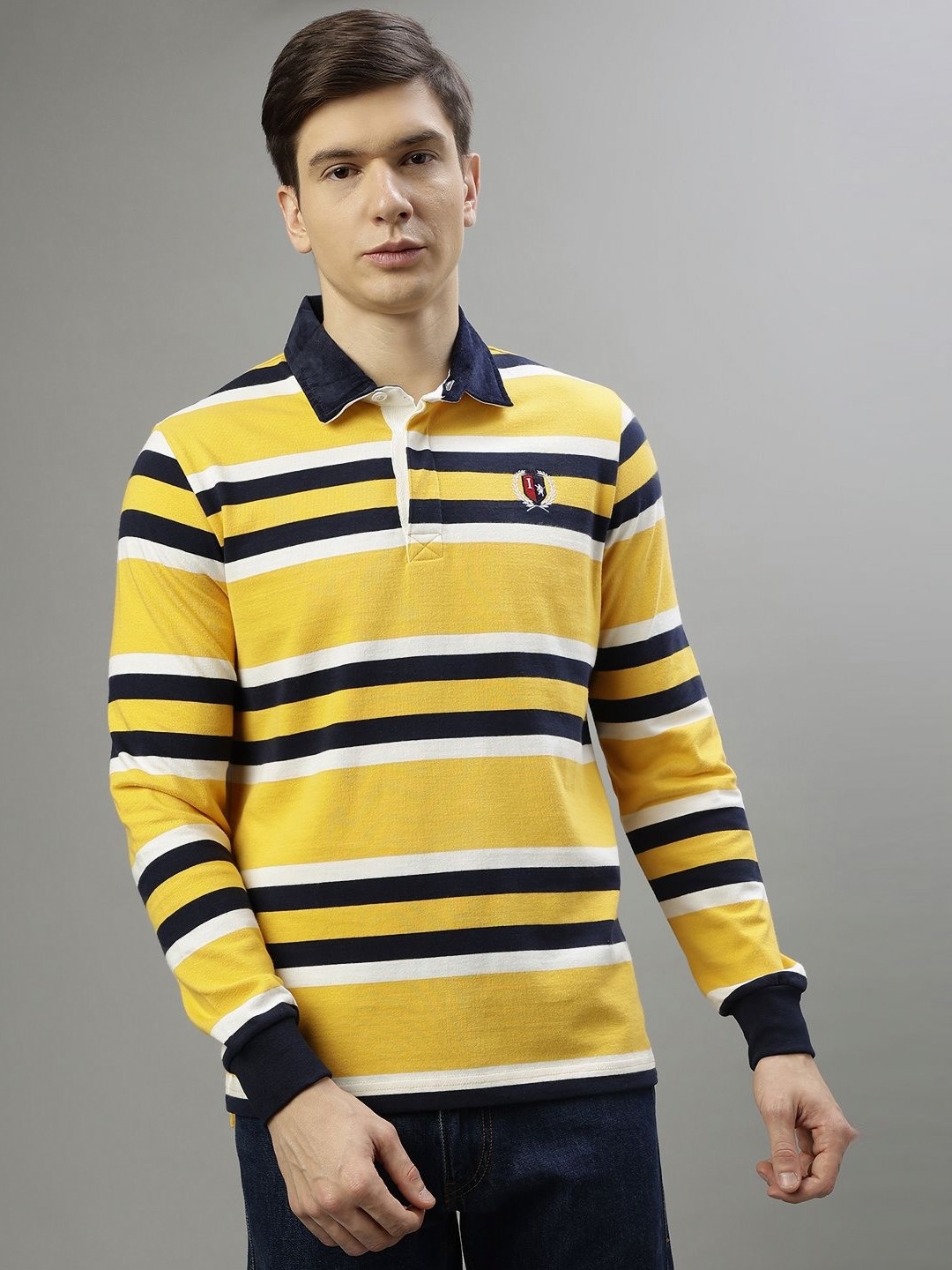 

Iconic Men Striped Polo Collar Cotton T-shirt, Yellow