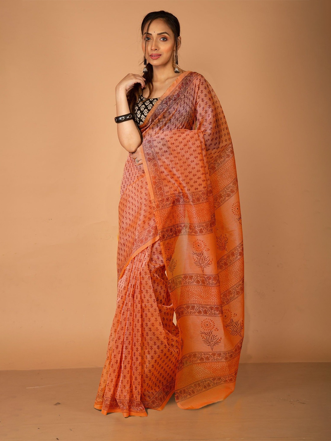

Unnati Silks Floral Supernet Handloom Block Print Saree, Orange