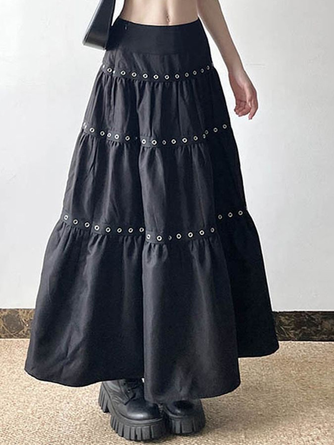 

LULU & SKY Rivet Detail Tiered Maxi Skirt, Black