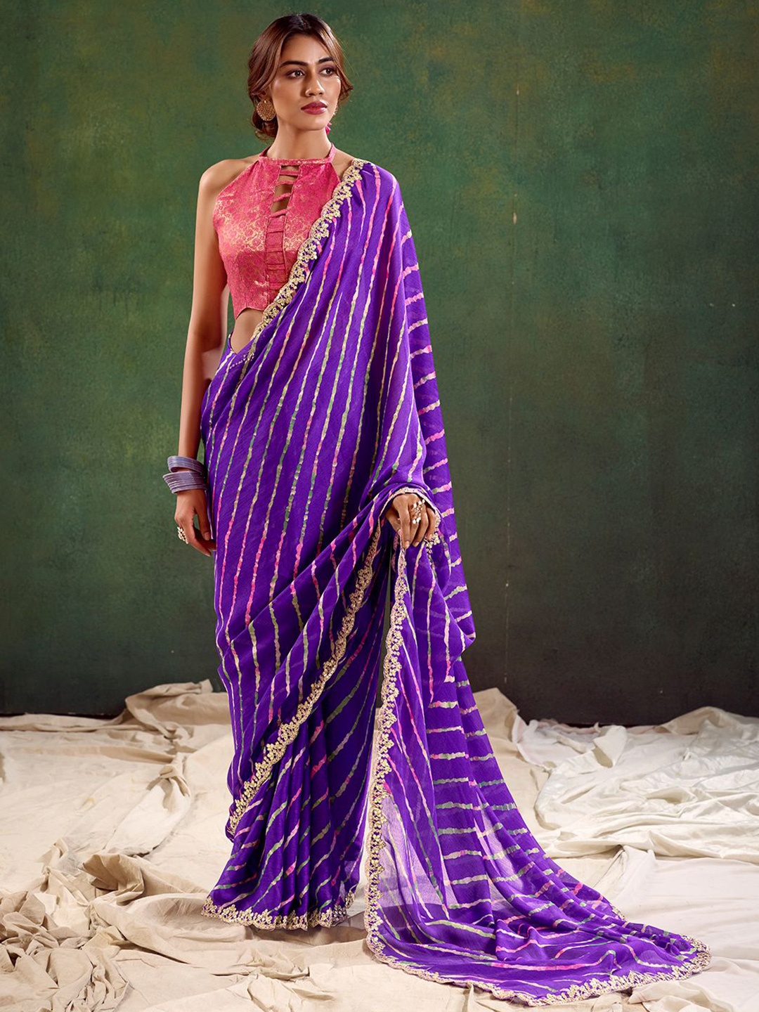 

Panzora Striped Embroidered Saree With Unstitched Blouse Piece, Purple