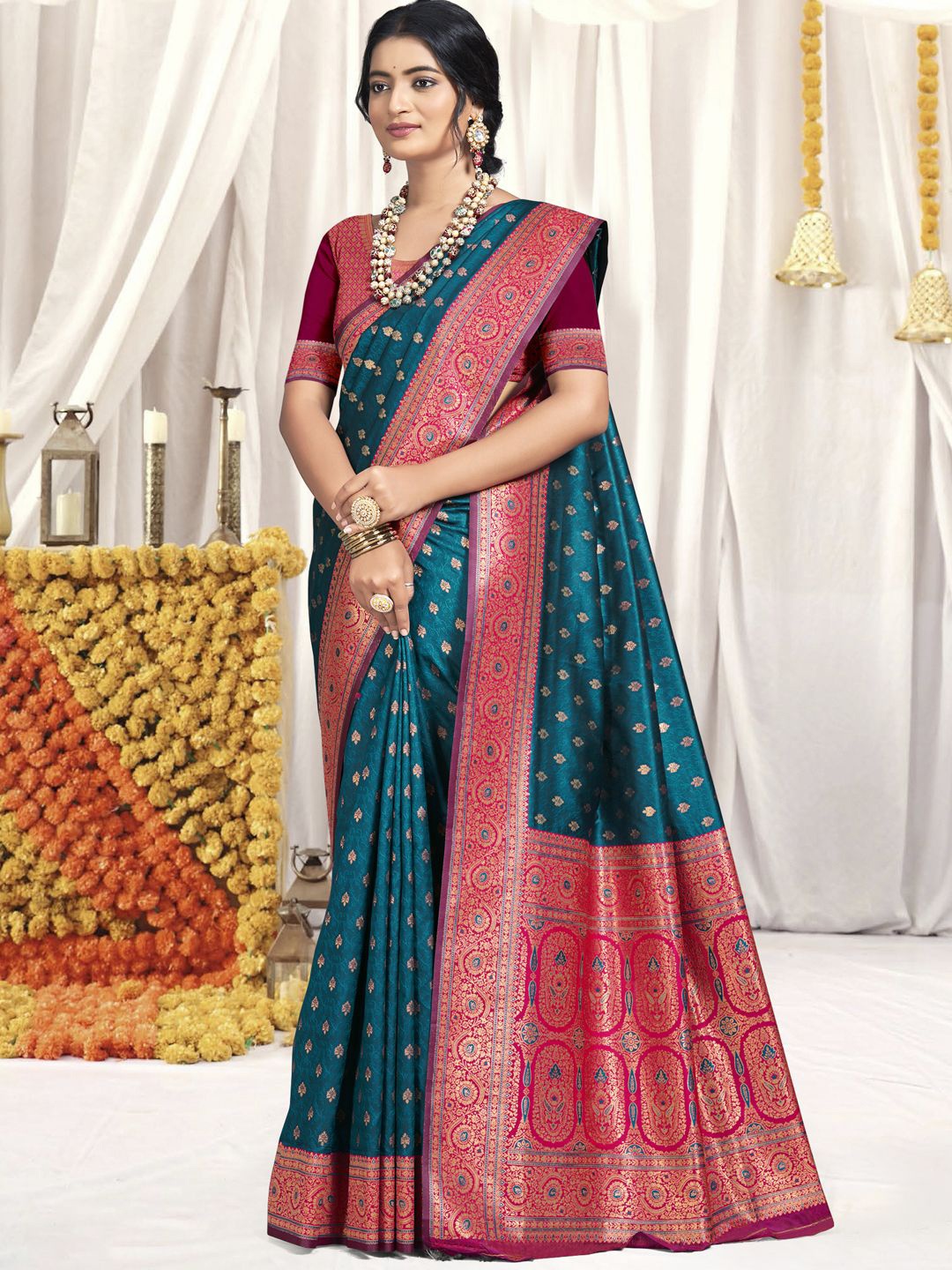 

SANGAM PRINTS Woven Design Zari Tussar Saree, Blue