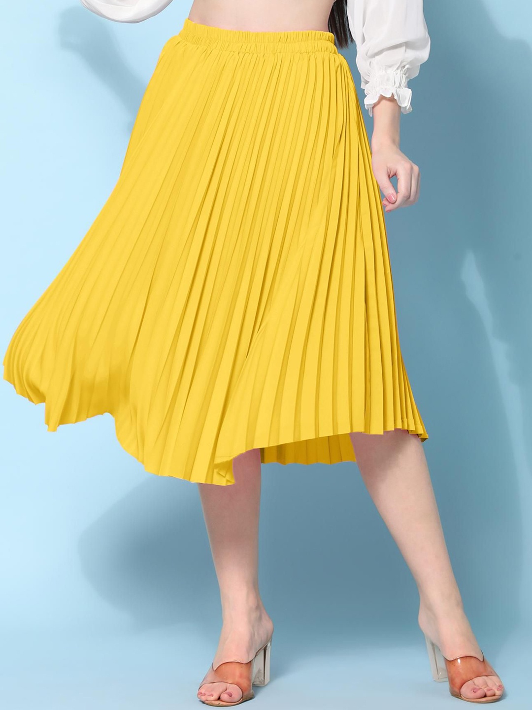 

NE STYLE Accordion Pleats A-Line Midi Skirt, Yellow