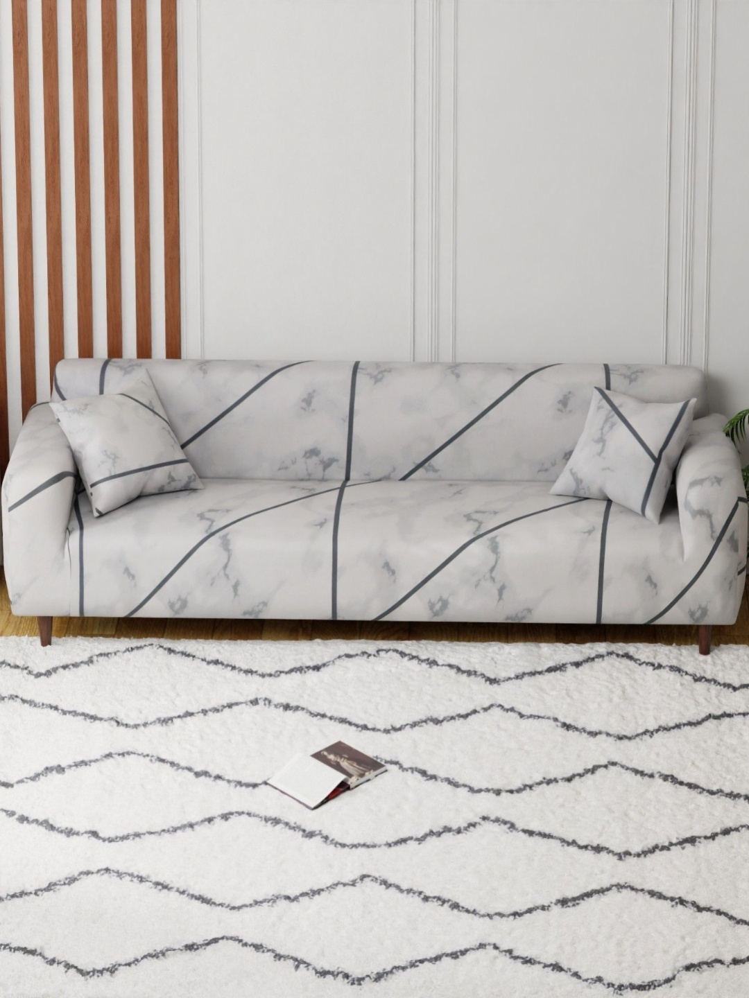 

Aura Grey & Black Abstract Printed 4 Seater Sofa Cover With Arms