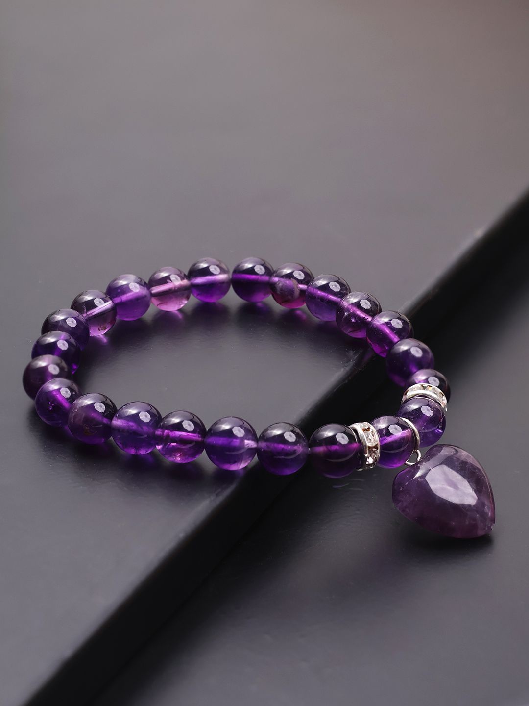 

Shubhanjali Amethyst Crystal Studded Heart Charm Elasticated Bracelet, Purple
