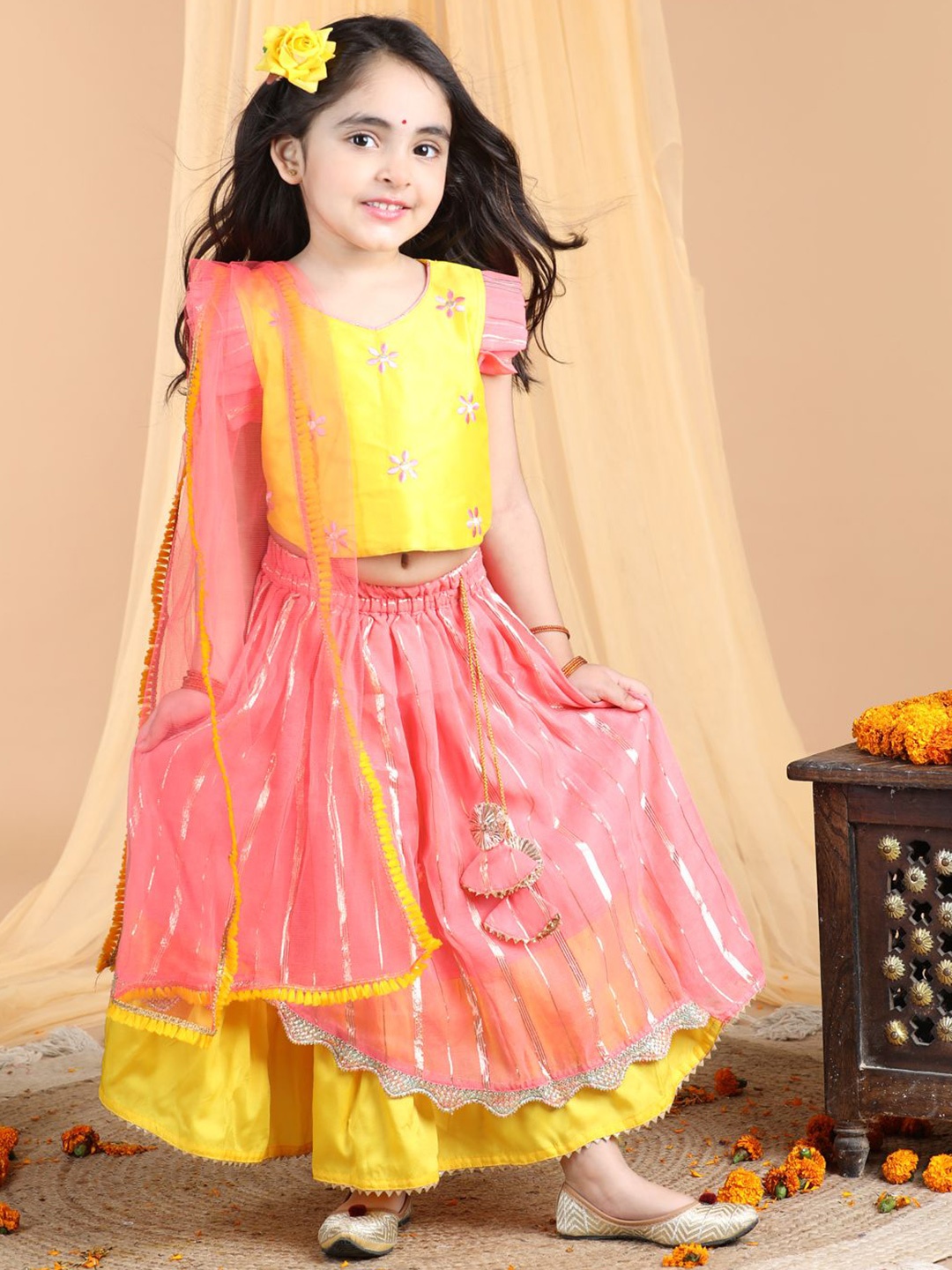 

Here&Now X Kinder Kids Girls Embroidered Ready to Wear Lehenga & Blouse With Dupatta, Yellow