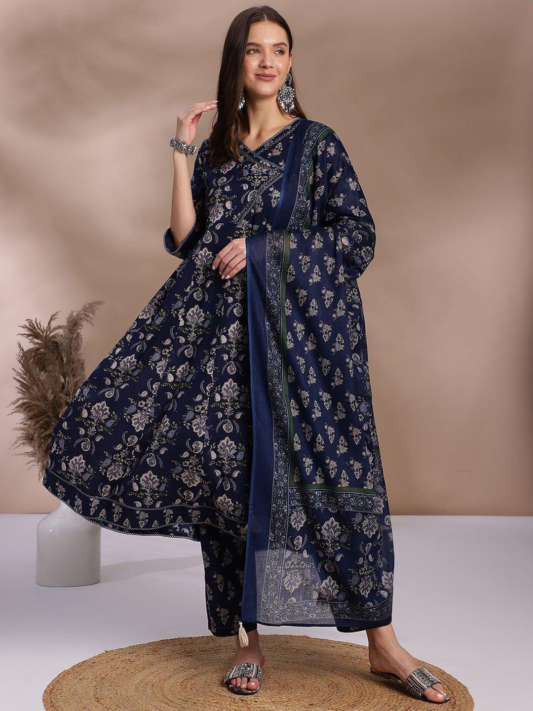 

KEOSA Women Floral Printed Regular Pure Cotton Kurta with Trousers & With Dupatta, Blue
