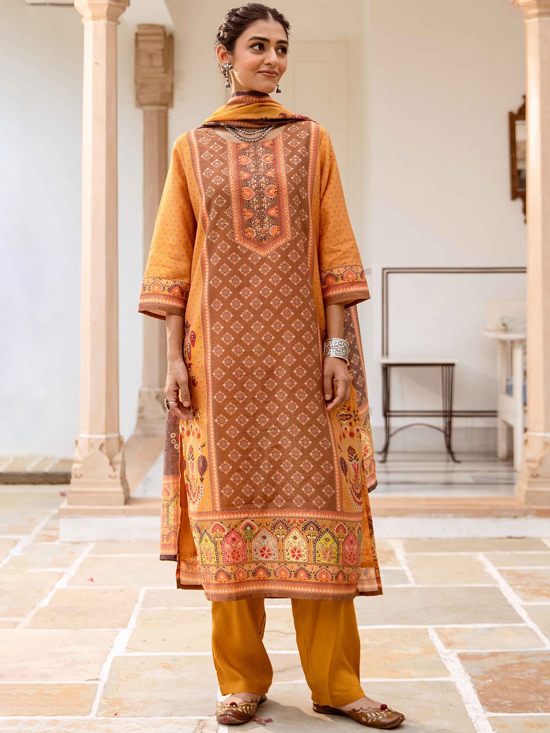 

KALINI Women Floral Printed Kurta with Trousers & With Dupatta, Mustard