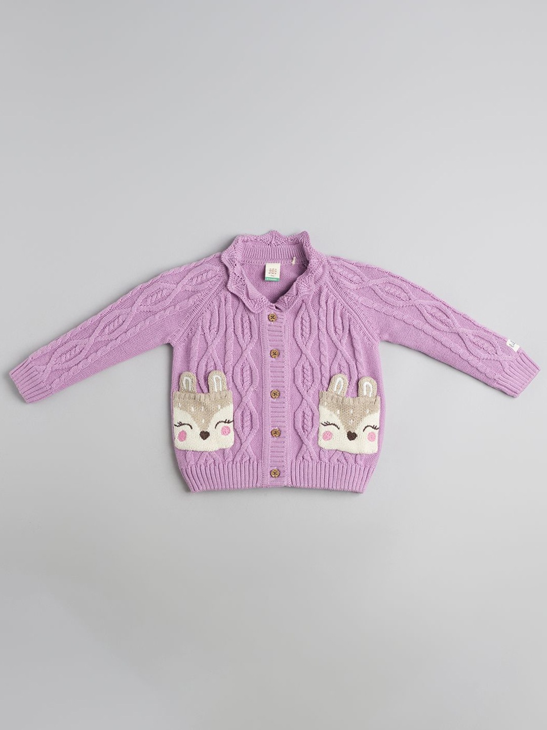 

Ed-a-Mamma Baby Girls Cotton Self Design Printed Front-Open Sweater, Purple