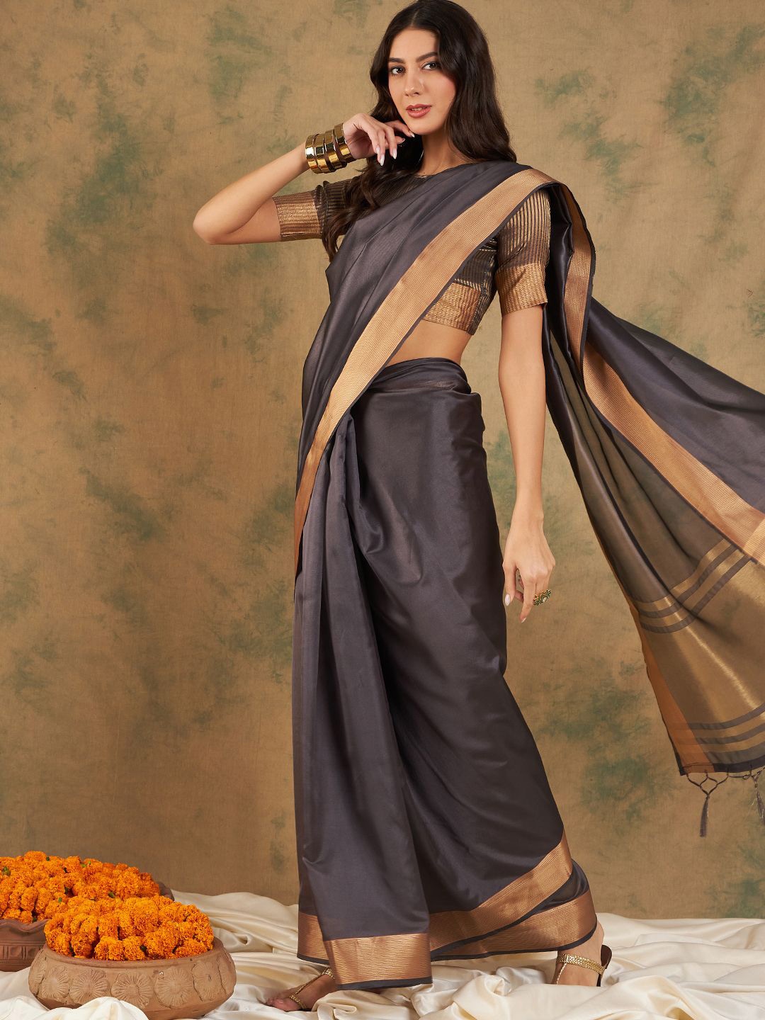 

Maroosh Embellished Zari Organza Fusion Saree, Navy blue