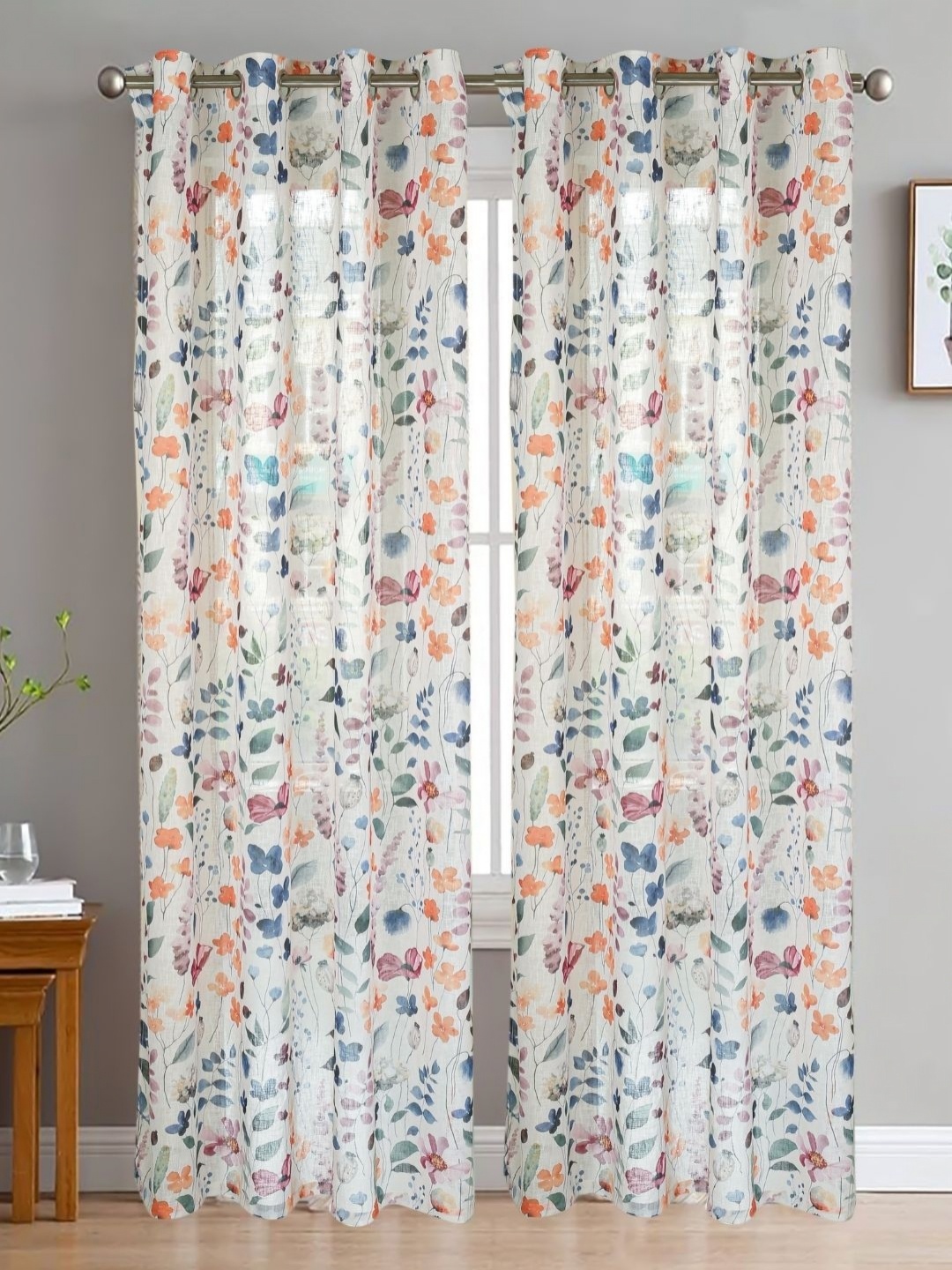 

HOMADORN White & Blue 2 Pieces Floral Printed Linen Sheer Window Curtains