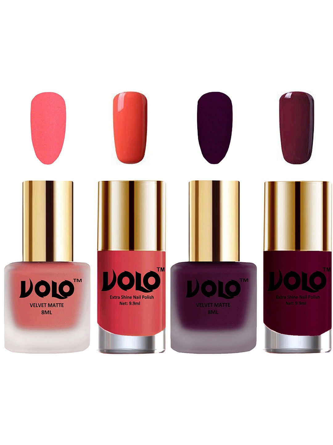 

VOLO Set Of 4 Velvet Matte & Extra Shine Nail Polish-8 ml & 9.9 ml Each Shade 41-46-49-34, Burgundy