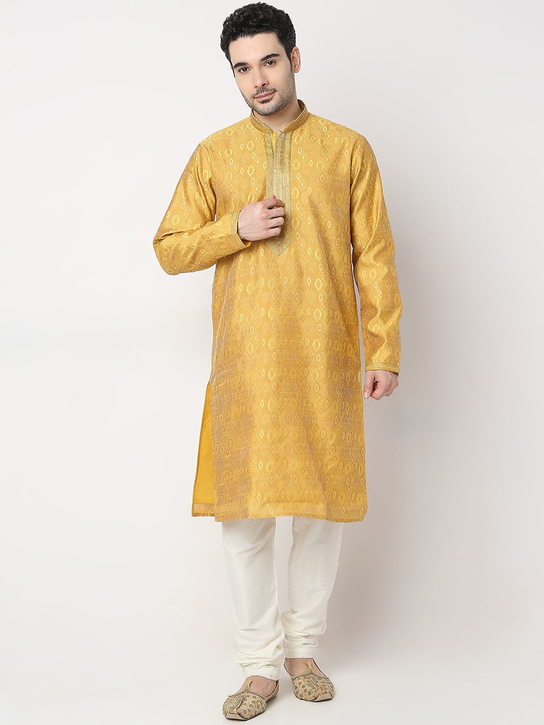 

Ethnicity Ethnic Motifs Woven Design Mandarin Collar Zari Straight Kurta With Churidar, Yellow