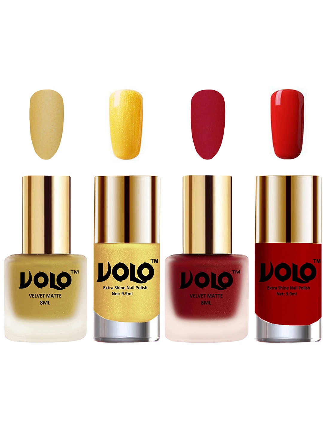 

VOLO Set Of 4 Velvet Matte & Extra Shine Nail Polish-8 ml & 9.9 ml Shade 32-36-59-38, Orange