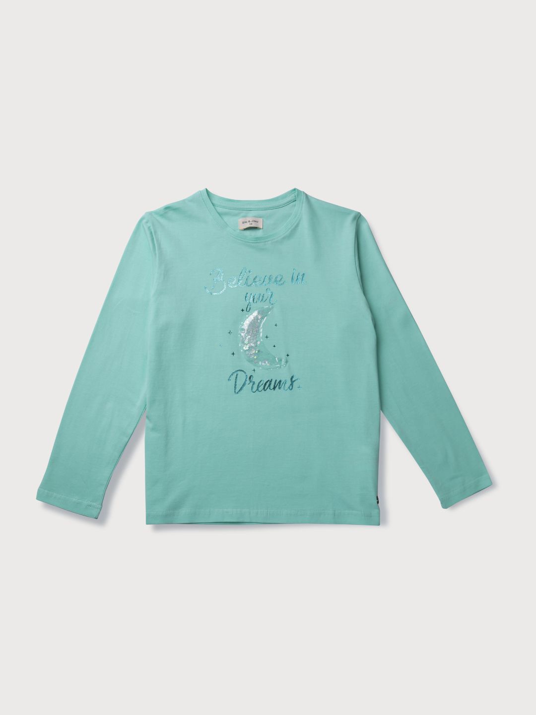 

Gini and Jony Girls Typography Printed Embellished Cotton T-shirt, Sea green