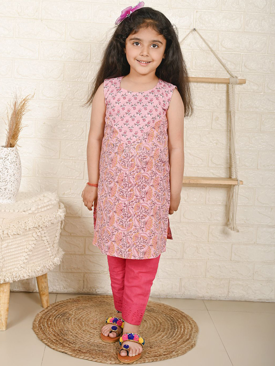 

Here&Now X Kinder Kids Girls Floral Printed Pure Cotton Kurta With Trousers, Pink