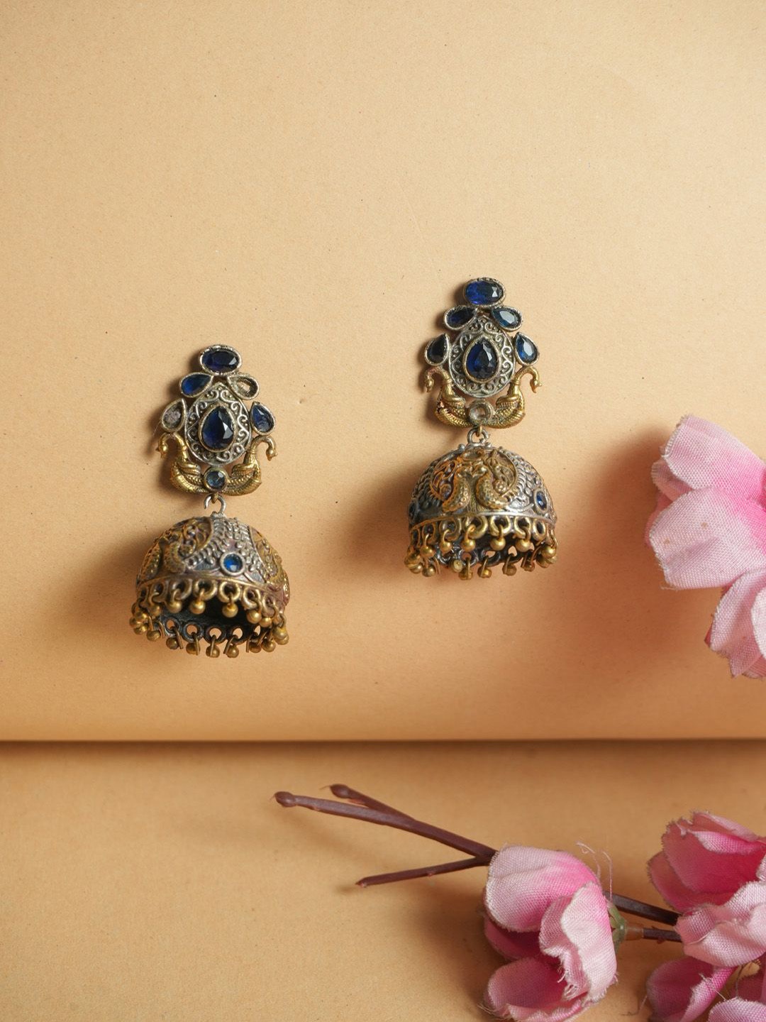 

VIRAASI Stone Studded Dual Tone Oxidised Drop Earrings, Gold