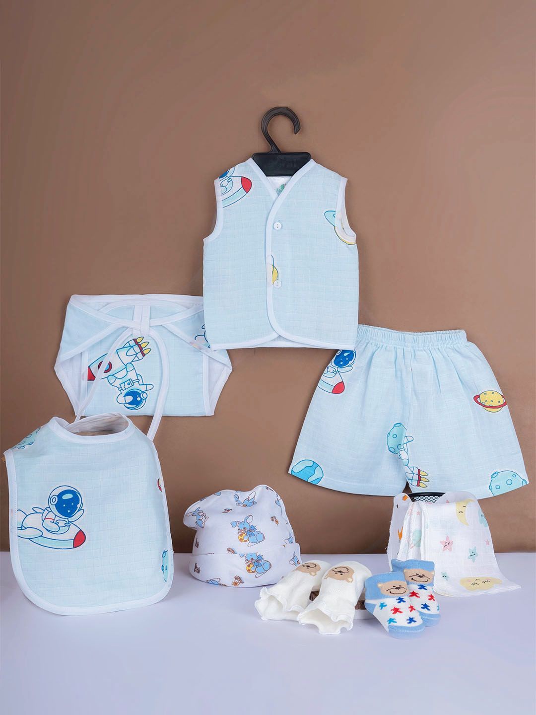 

Baby Moo Infant Boys Pack Of 8 Printed Pure Cotton Apparel Gift Set, Blue