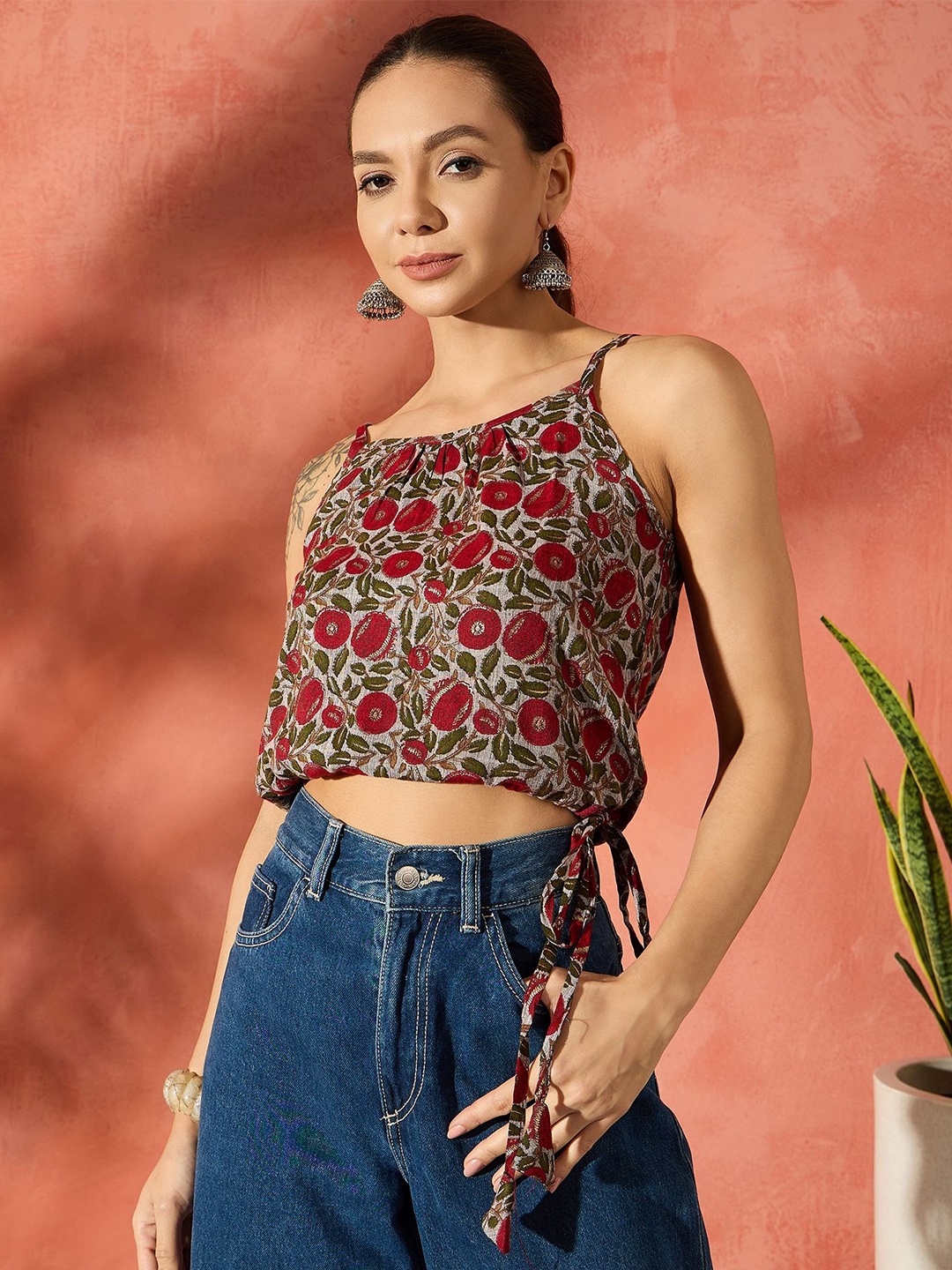 

InWeave Women Floral Printed Shoulder Straps Top, Grey