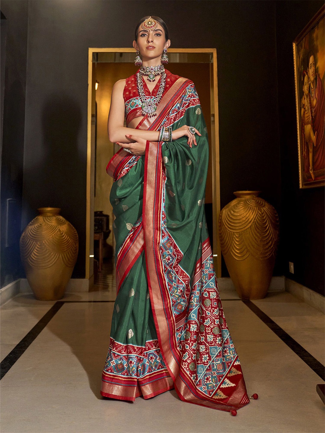 

elora Woven Design Designer Patola Saree, Green