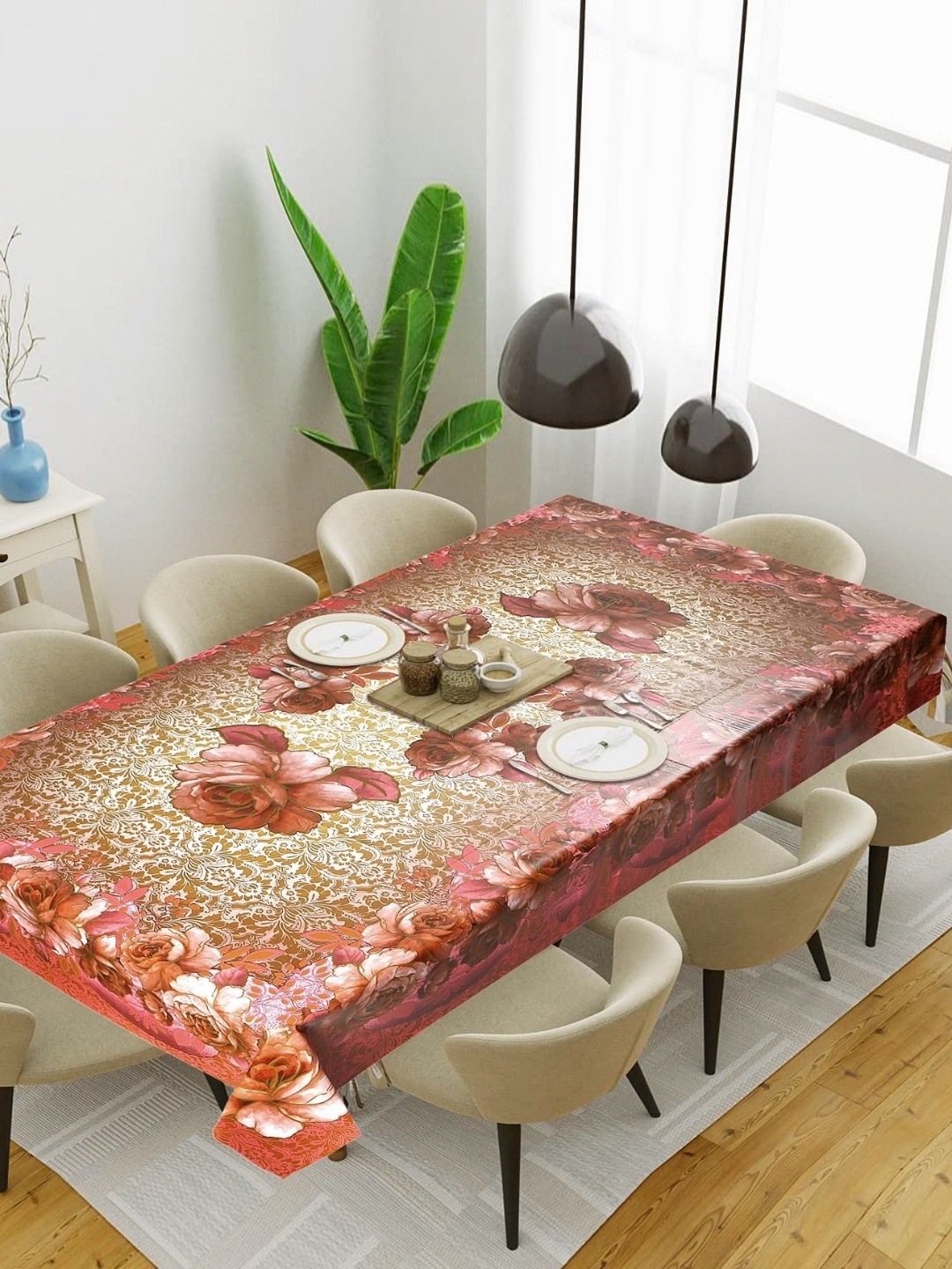 

Dakshya Industries Maroon & Brown Floral Printed Waterproof 6-Seater Table Cover