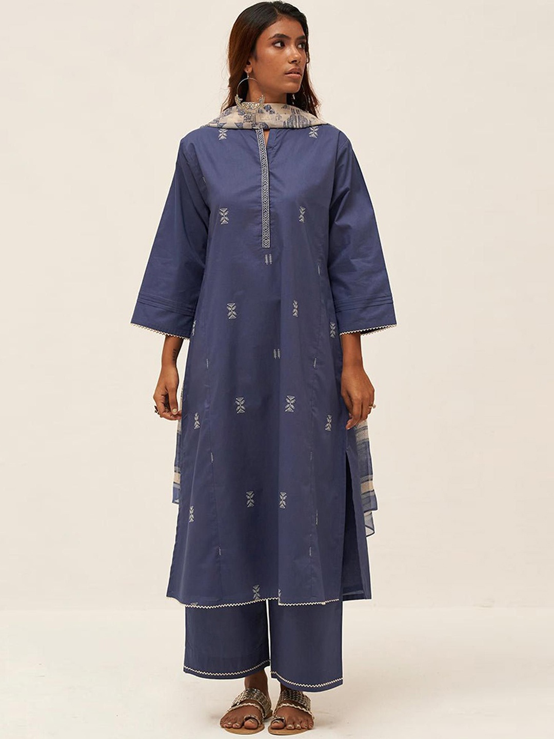

Ganga Floral Embroidered Pure Cotton Straight Kurta With Palazzos & Dupatta, Blue