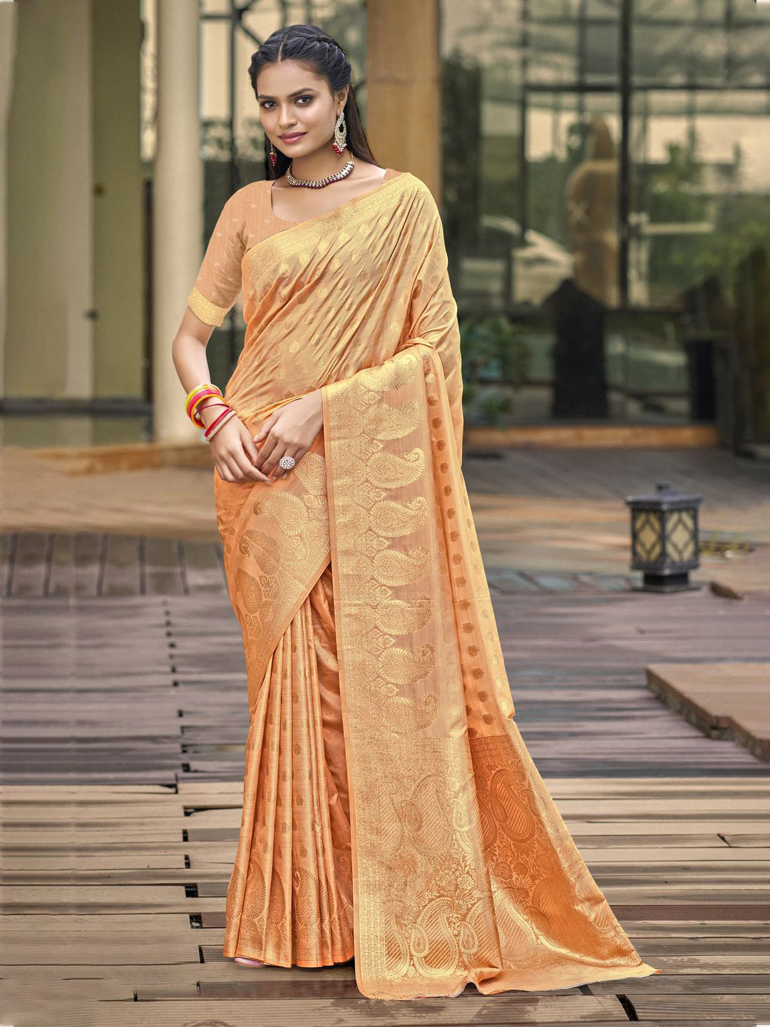 

SANGAM PRINTS Woven Design Zari Silk Blend Tussar Saree, Orange