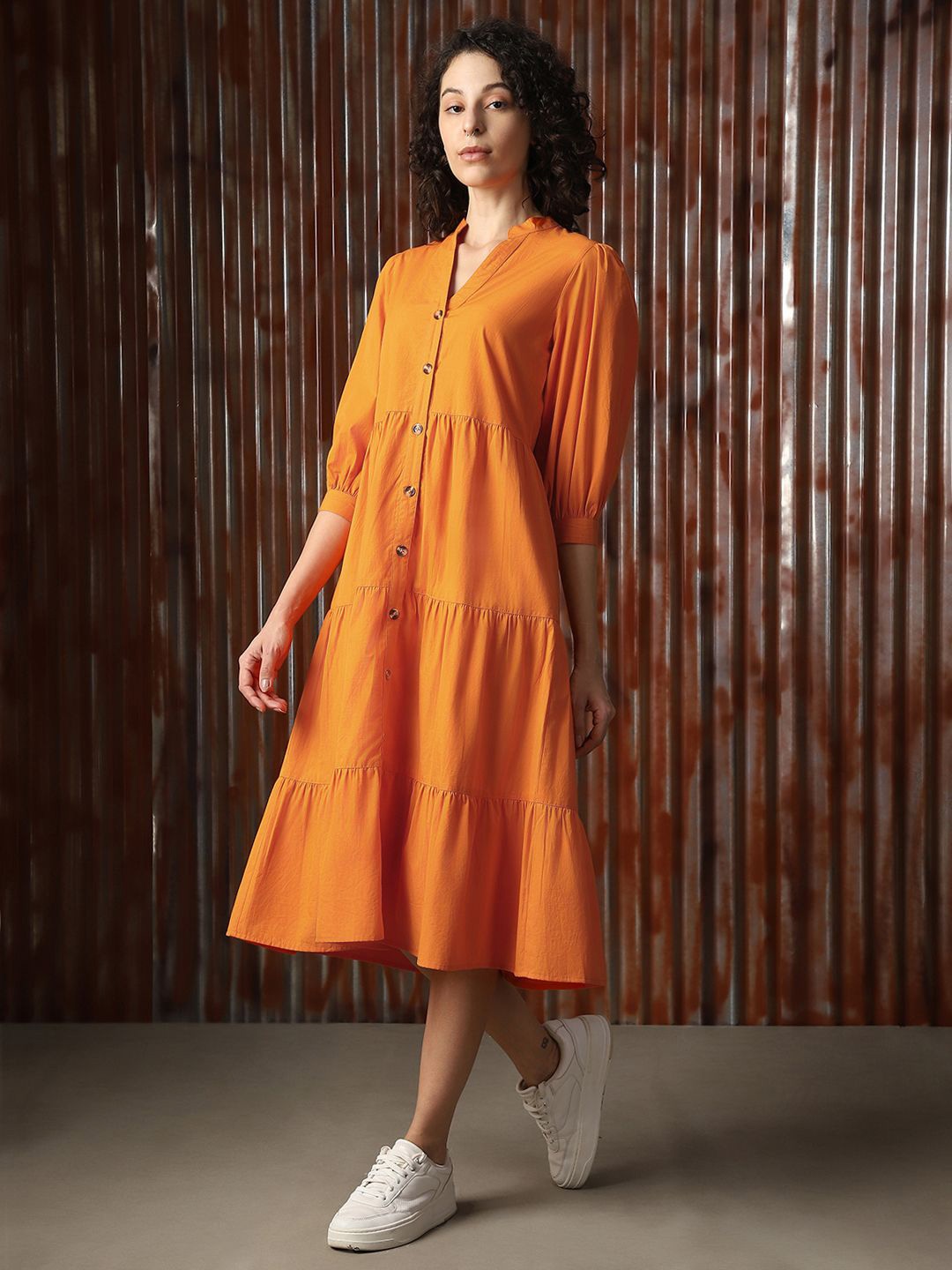 

High Star Cotton Mandarin Collar Bishop Sleeves Shirt Midi Tiered Dress, Orange