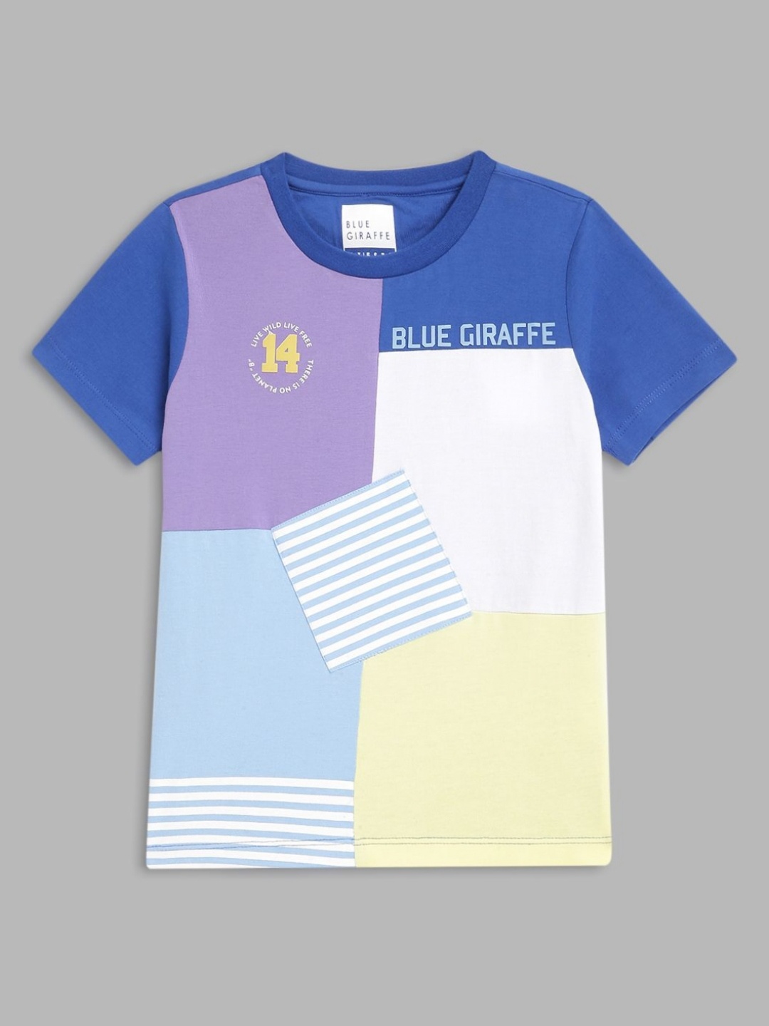 

Blue Giraffe Boys Colourblocked Round Neck Cotton T-shirt