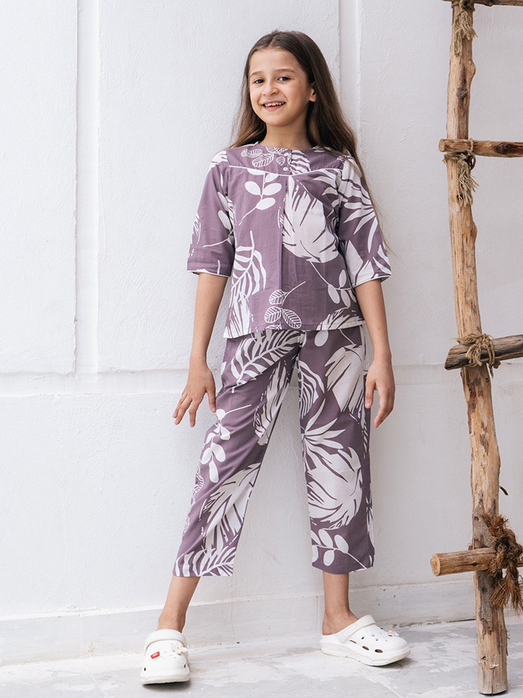 

SANSKRUTIHOMES Girls Printed Pure Cotton Top & Trouser Clothing Set, Lavender