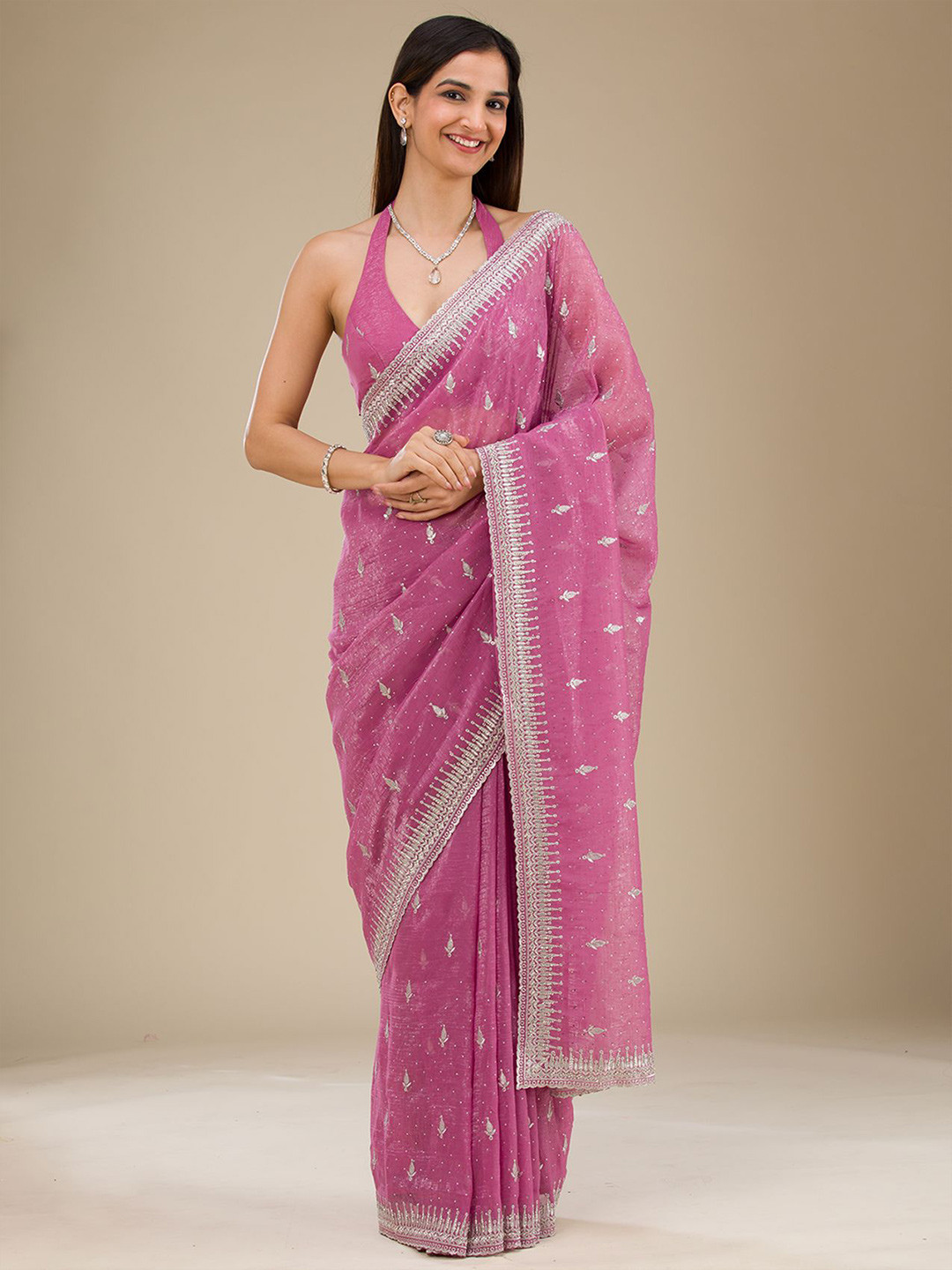 

Koskii Floral Embroidered Tissue Saree, Pink