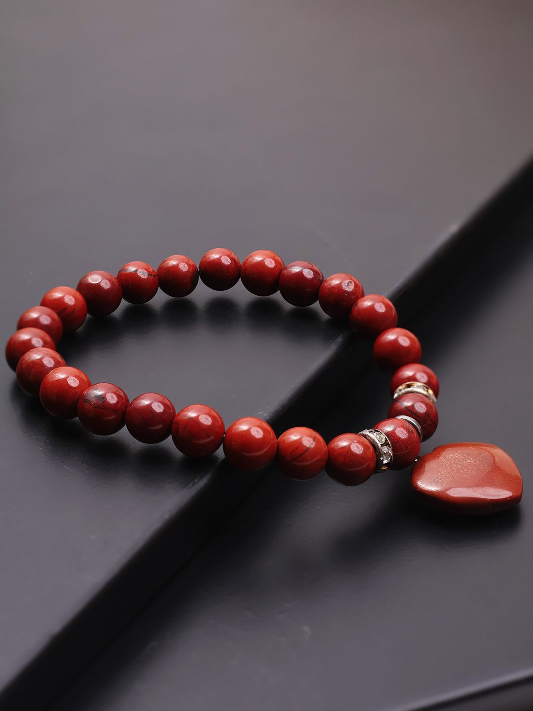 

Shubhanjali Jasper & Crystals Studded Heart Charm Elasticated Bracelet, Red