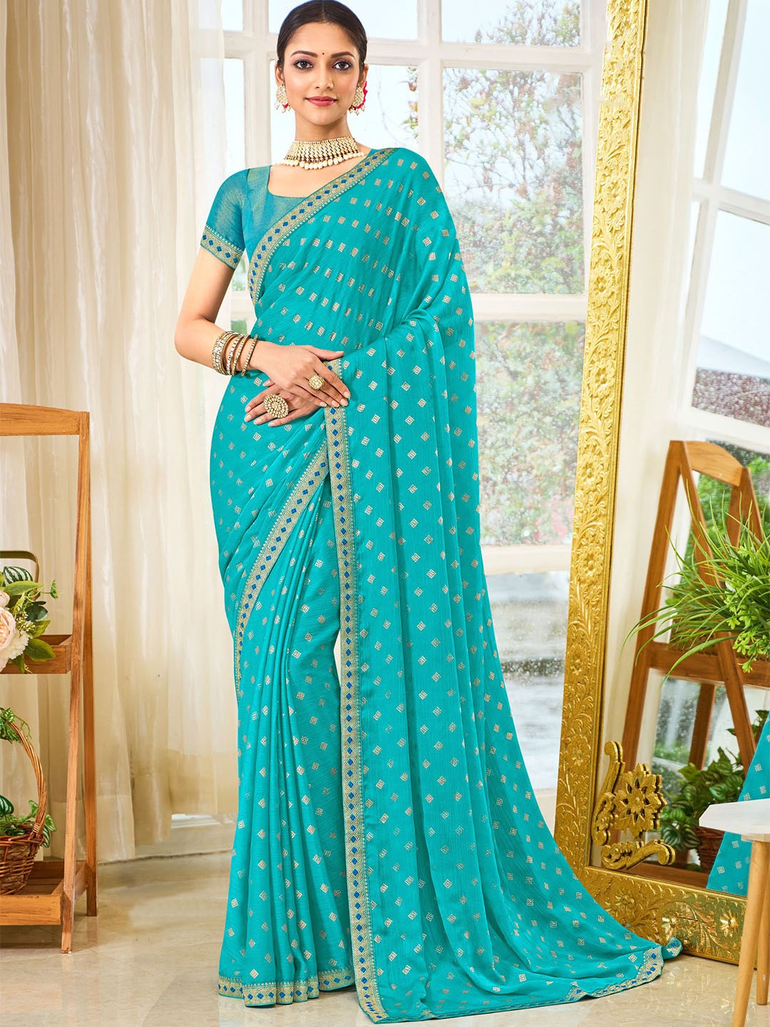 

Laxmipati Geometric Zari Designer Saree, Teal