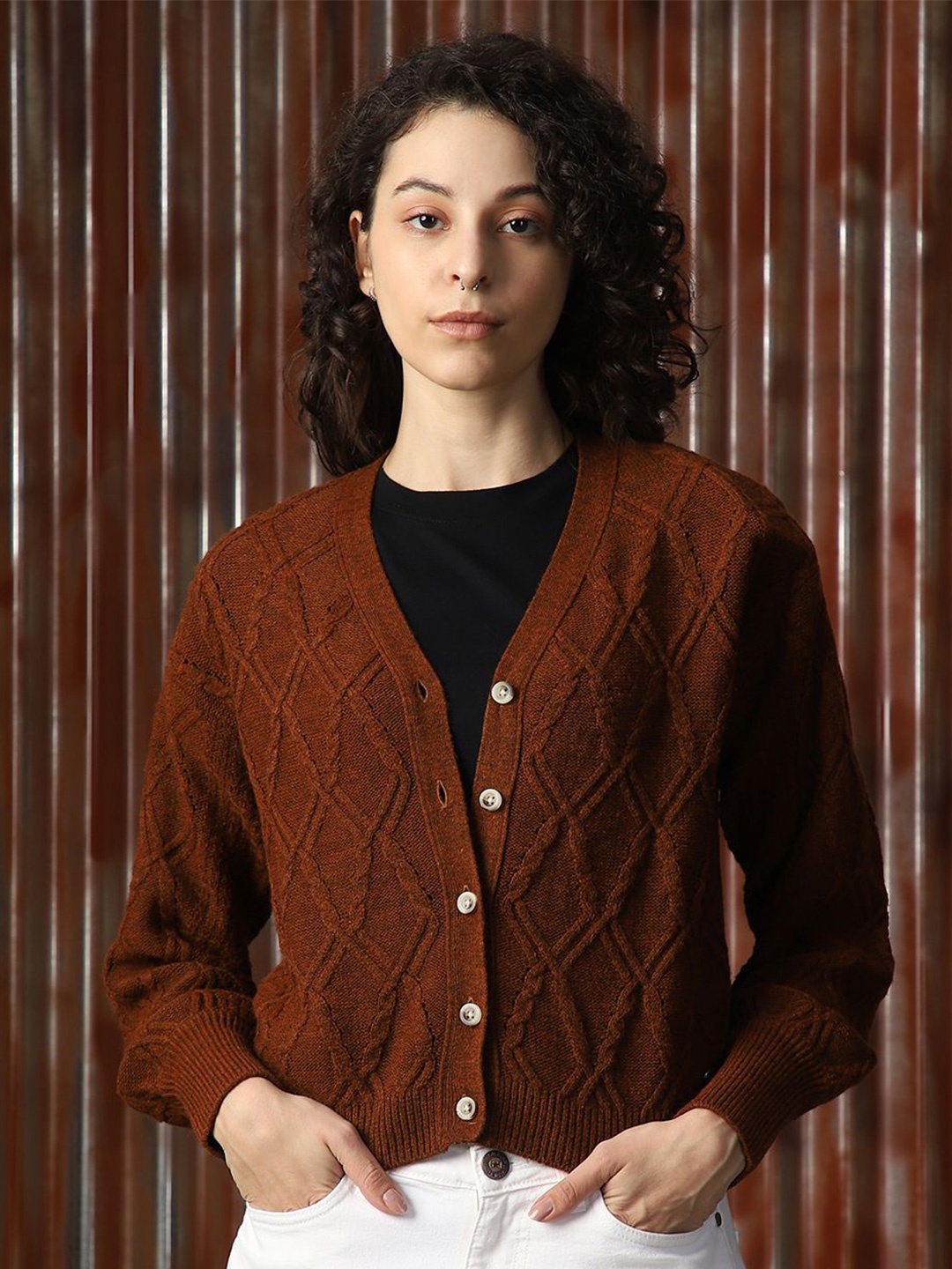 

High Star Women V-Neck Cardigan, Brown