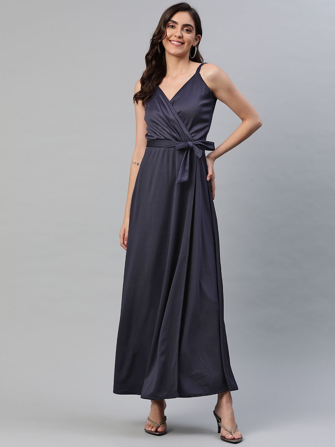 

BAESD Women Solid Shoulder Straps Wrap Dress, Navy blue