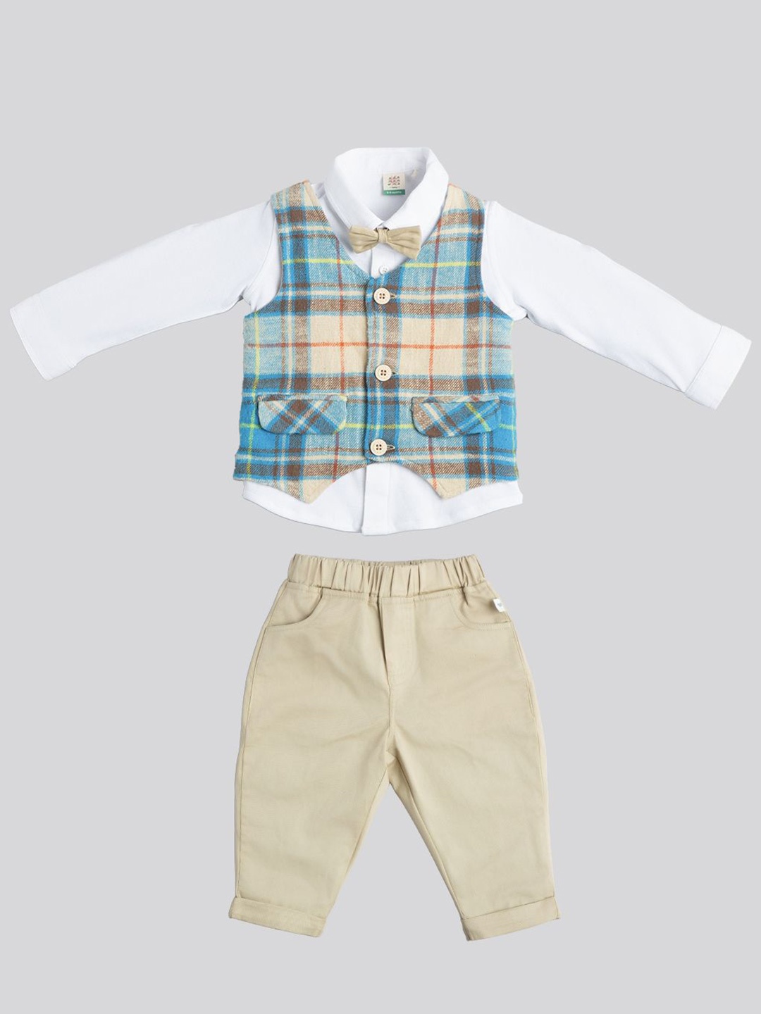 

Ed-a-Mamma Baby Boys Checked Shirt Collar Pure Cotton Shirt With Trouser & Waistcoat & Bow, Beige