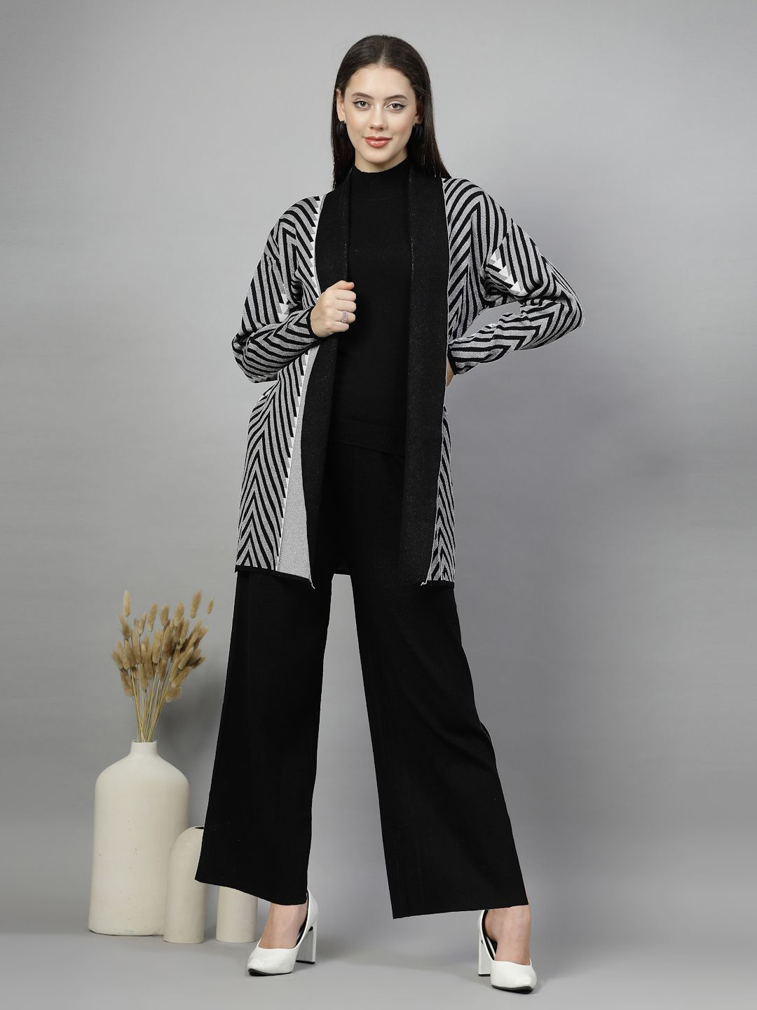 

Mafadeny Mock Neck Long Sleeves Top Shrug With Trousers, Black
