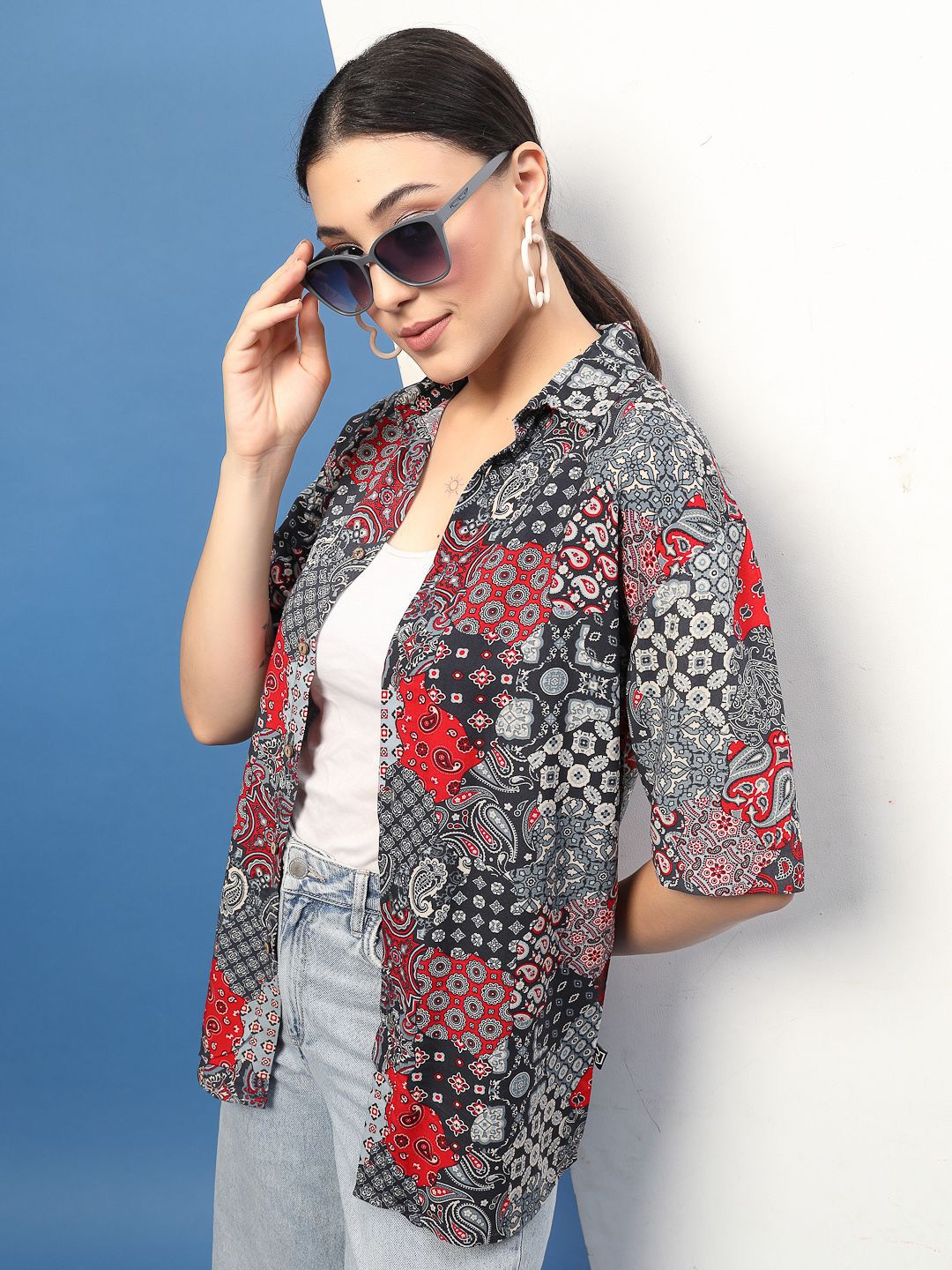 

Rigo Women Relaxed Spread Collar Floral Printed Casual Shirt, Black