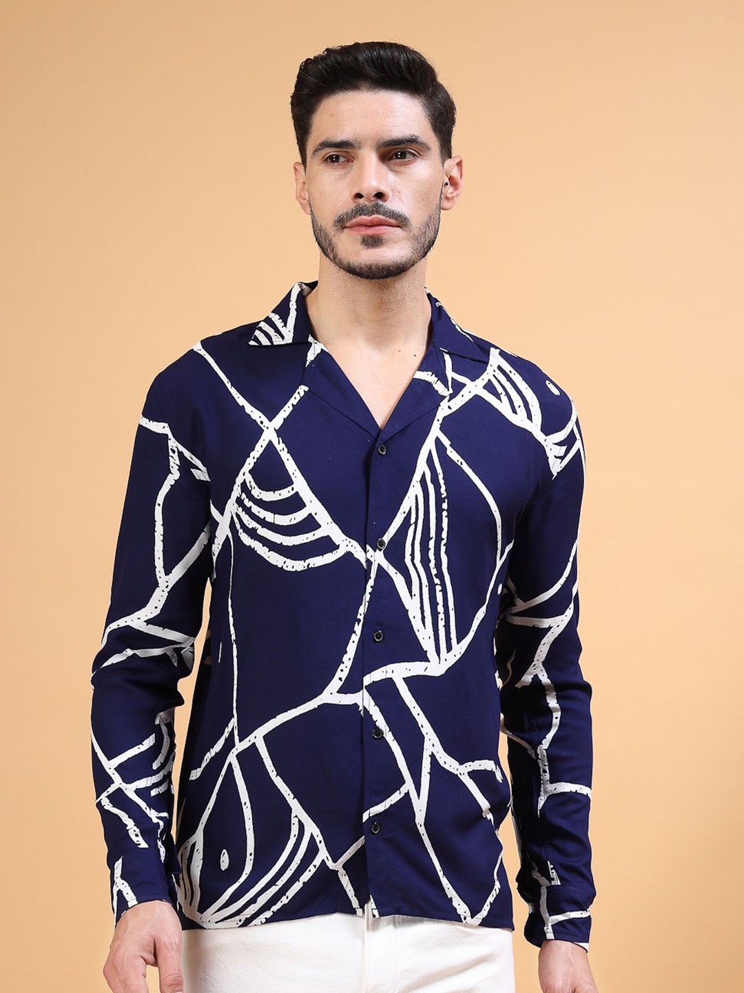 

Vanguard Men Comfort Cuban Collar Abstract Printed Casual Shirt, Blue